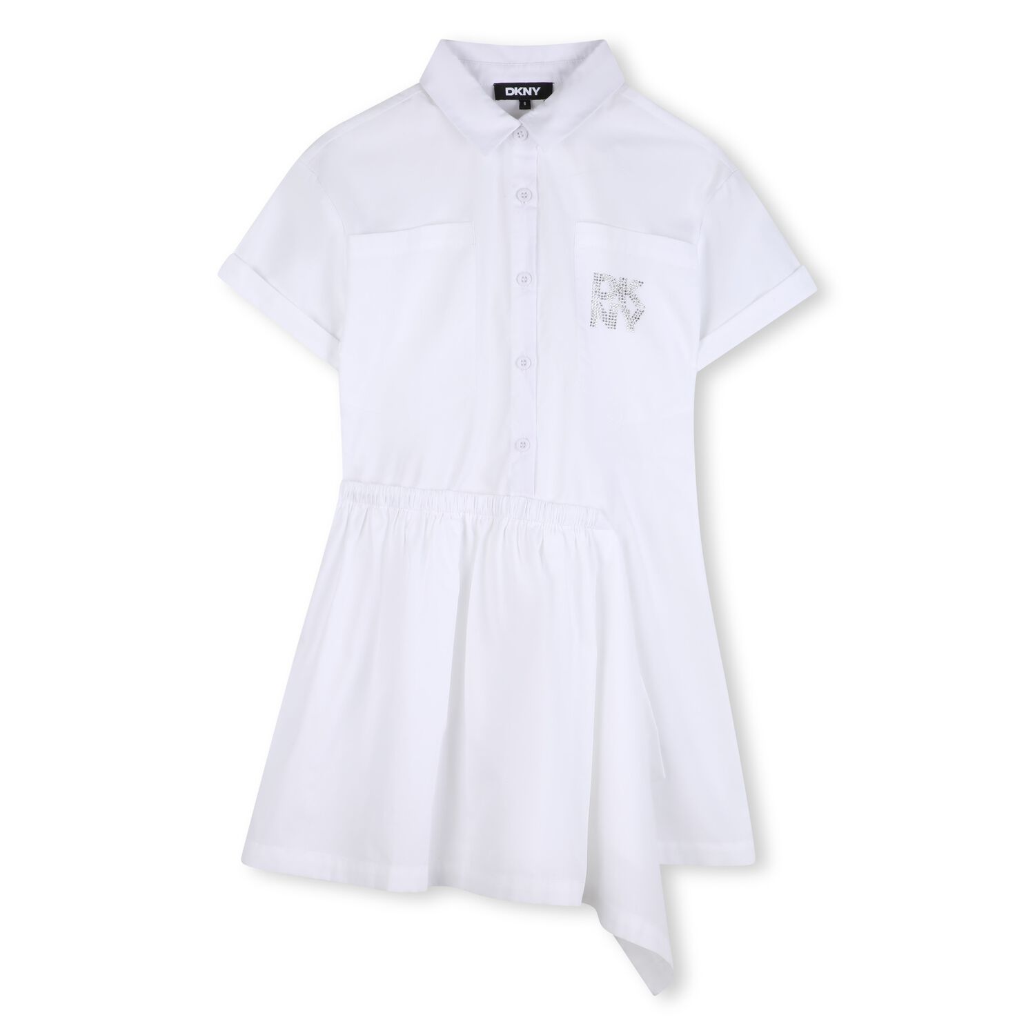 Girls White Diamante Logo Shirt Dress , 1, hi-res