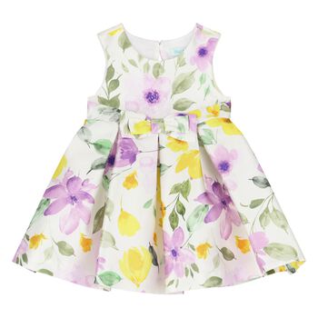 Younger Girls White Floral Satin Dress
