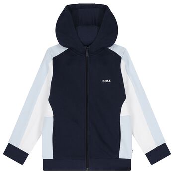 Boys Navy Blue, Blue & White Logo Hooded Zip Up Top