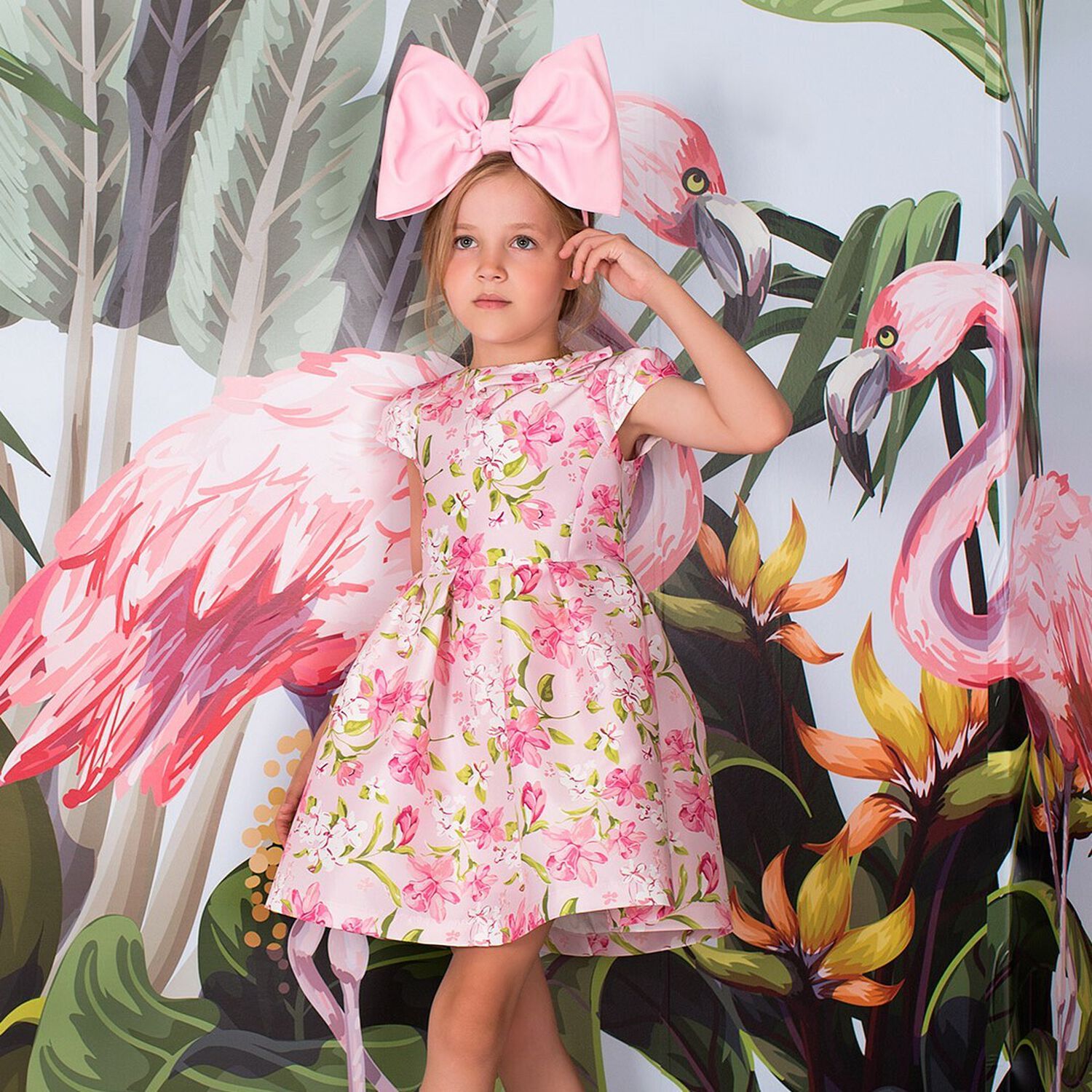Girls Pink Floral Printed Dress, 1, hi-res