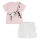 Younger Girls Pink & White Bag Shorts Set, 1, hi-res