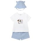 Baby Boys White & Blue  Striped Shorts & Hat Set , 1, hi-res