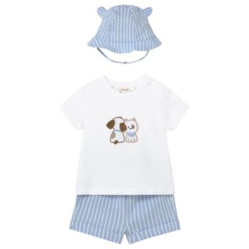 Baby Boys White & Blue  Striped Shorts & Hat Set 