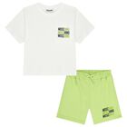 Boys White & Green Logo Shorts Set, 2, hi-res
