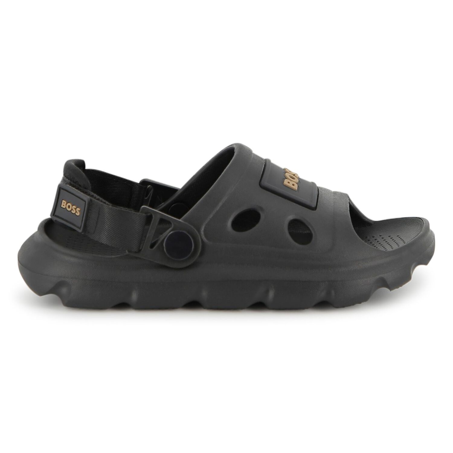 Boys Black Logo Sandals, 1, hi-res