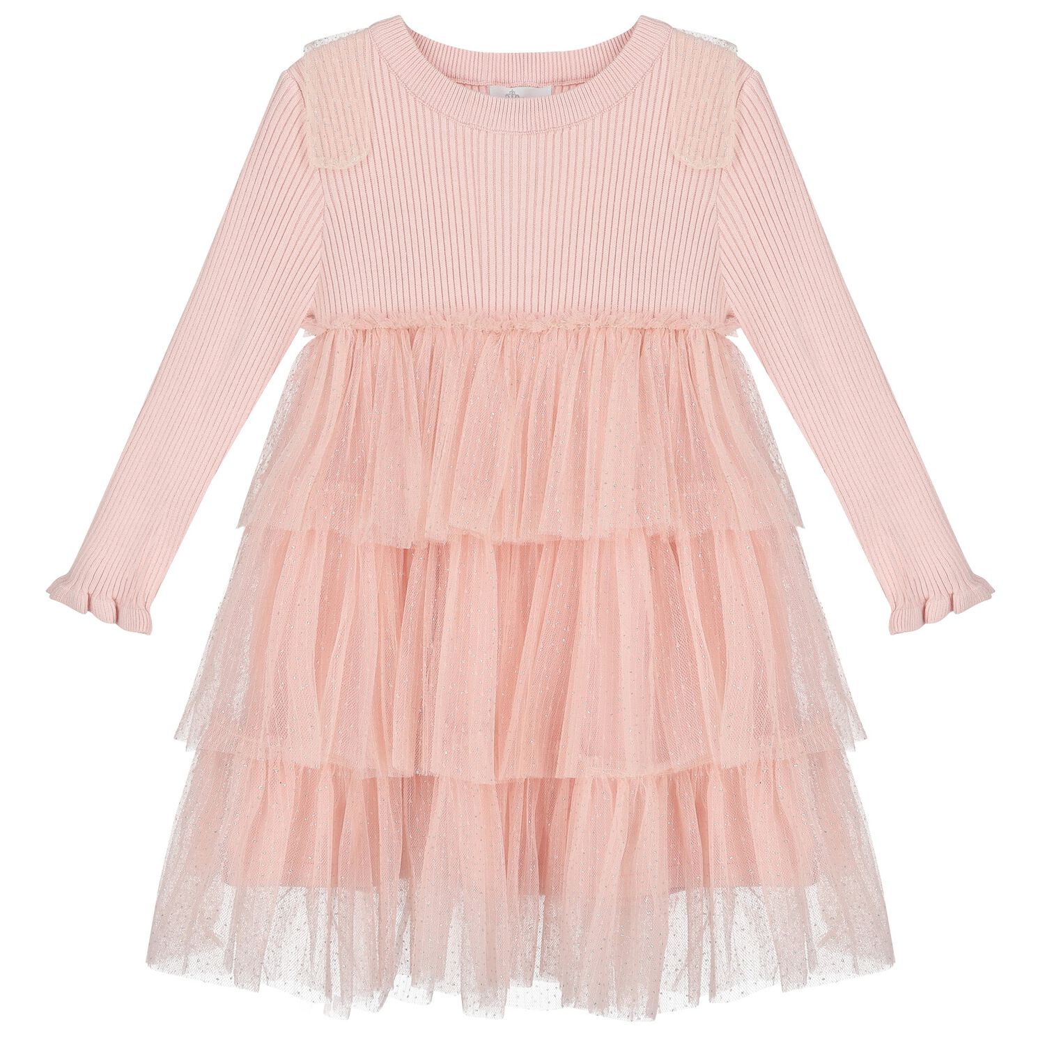 Girls Pink Tulle Knitted Dress, 1, hi-res image number null