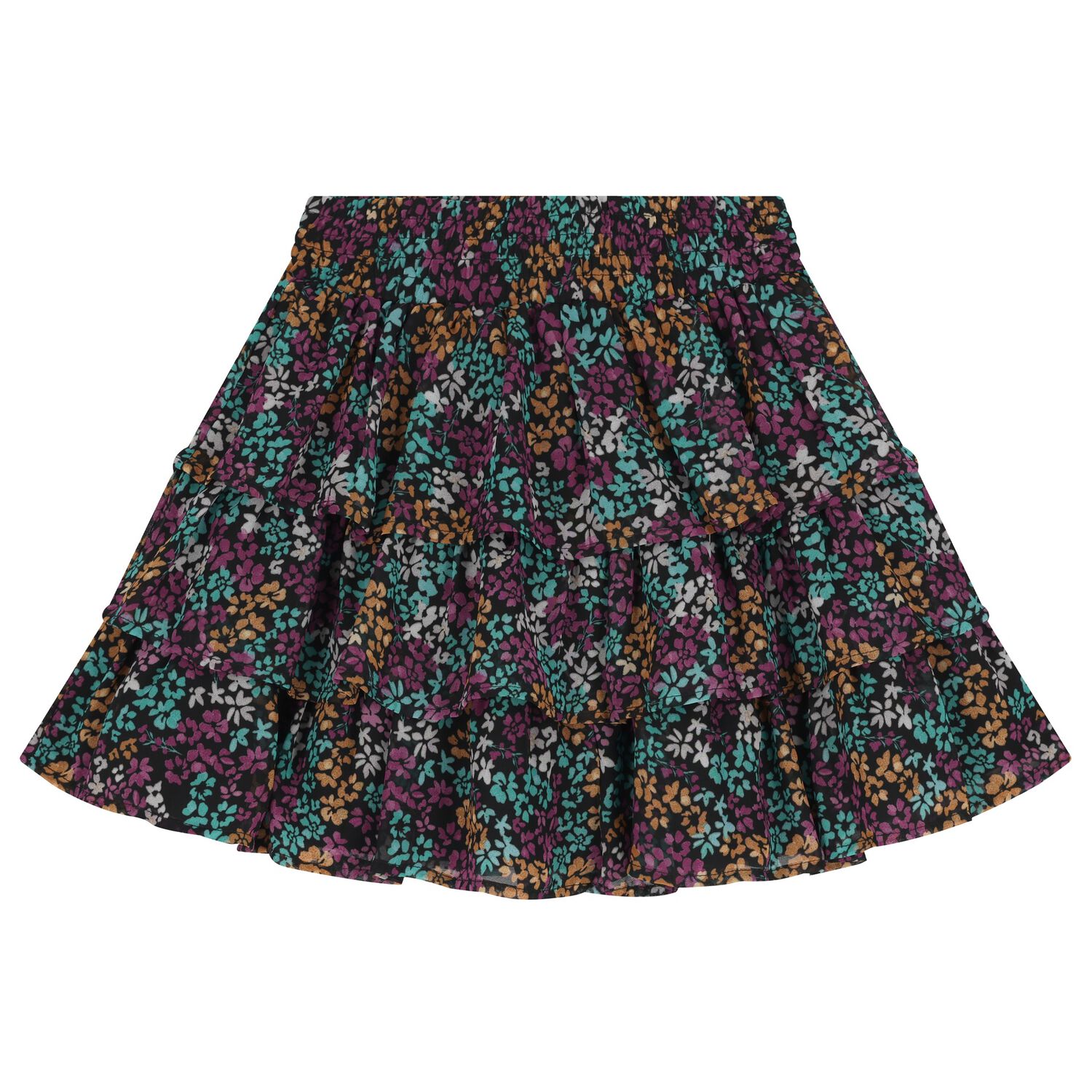 Girls Black Floral Layered Skirt, 1, hi-res