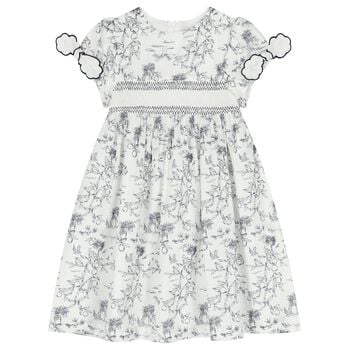 Girls White & Navy Blue Smocked Dress