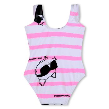 Girls White & Pink Choupette Stripe Swimsuit