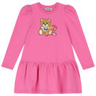 Girls Pink Teddy Bear Logo Dress, 2, hi-res
