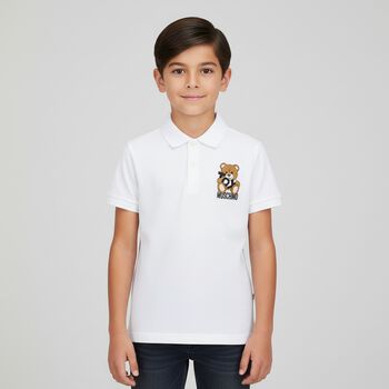 Boys White Teddy Bear Polo Shirt