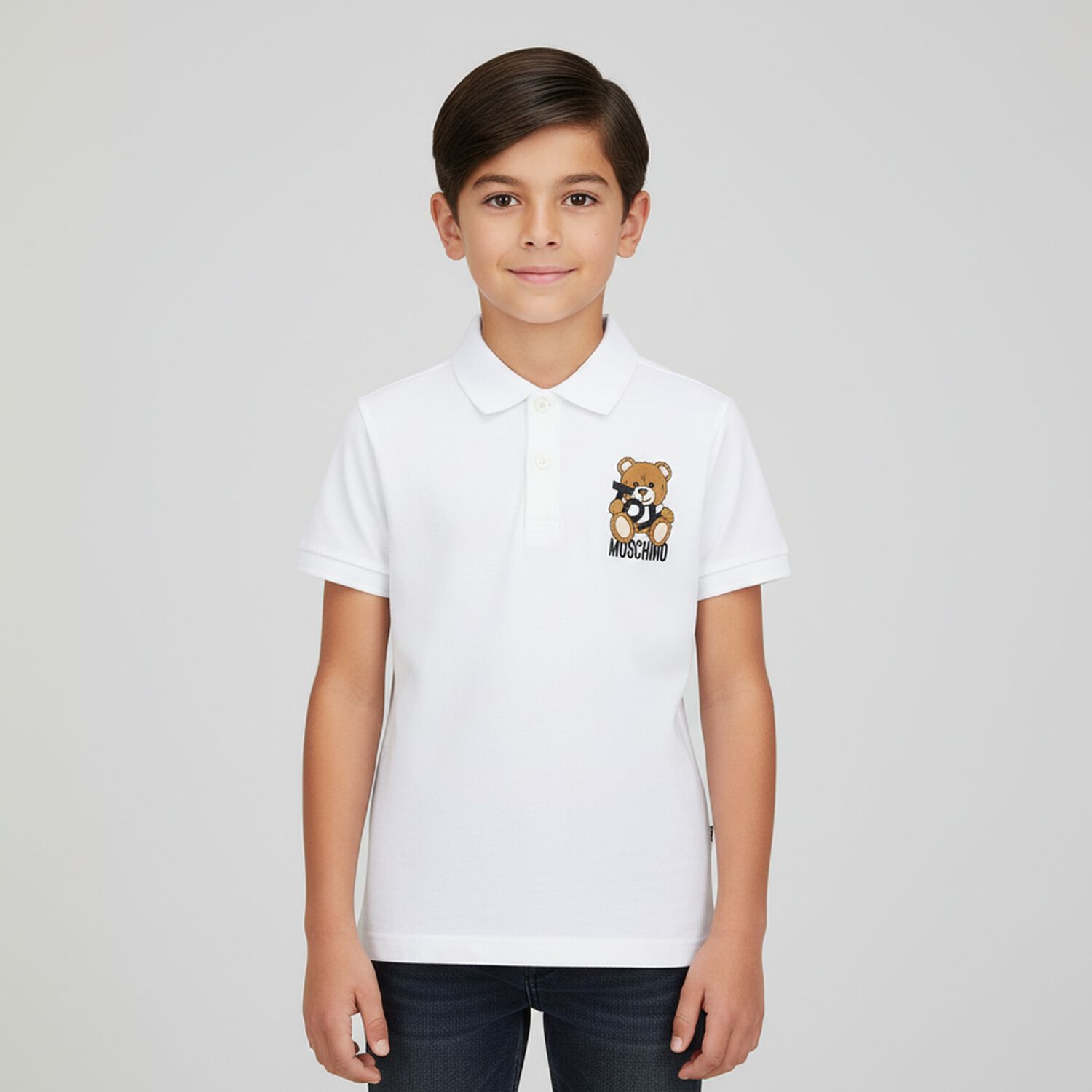 Boys White Teddy Bear Polo Shirt, 2, hi-res image number null