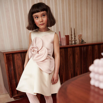 Girls Ivory & Pink Flower Satin Dress