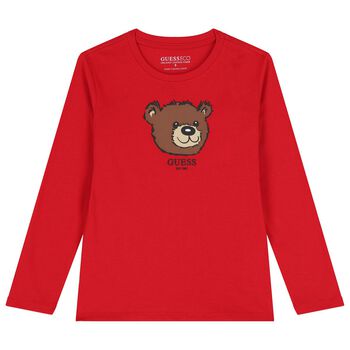Guess Boys Red Teddy Bear Long Sleeve Top, 2 Boys Red Teddy Bear Long Sleeve Top
