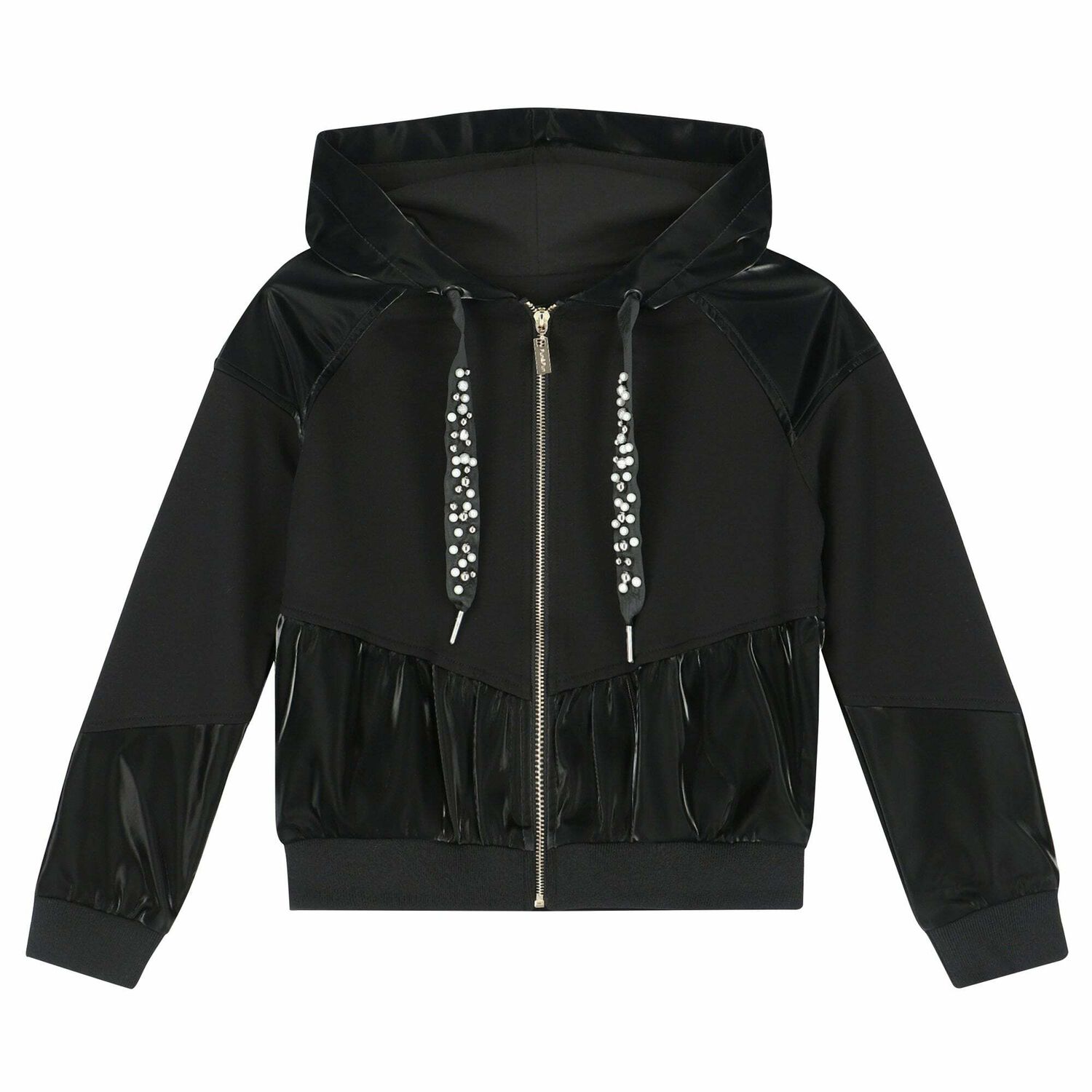 Girls Black Embellished Zip Up Top, 1, hi-res