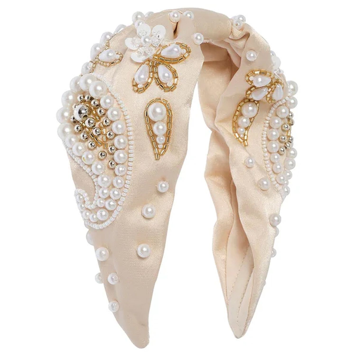 Girls Beige Pearl & Bead Headband , 1, hi-res