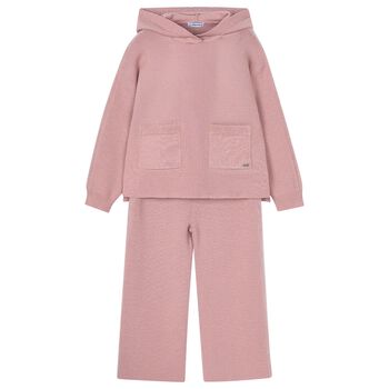 Girls Pink Knitted Hooded Tracksuit