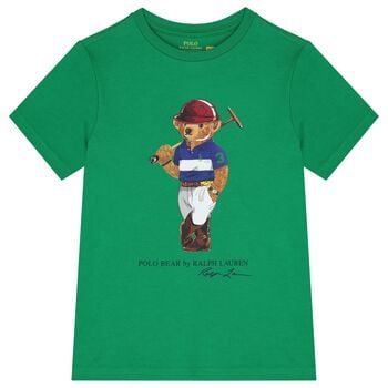 تيشيرت بولو للأولاد بشعار الدب باللون الأخضر 