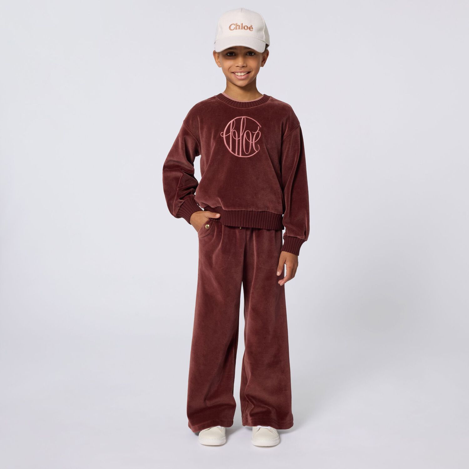 Girls Burgundy Logo Velour Sweatshirt, 1, hi-res