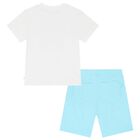 Boys White & Blue Logo Shorts Set, 1, hi-res
