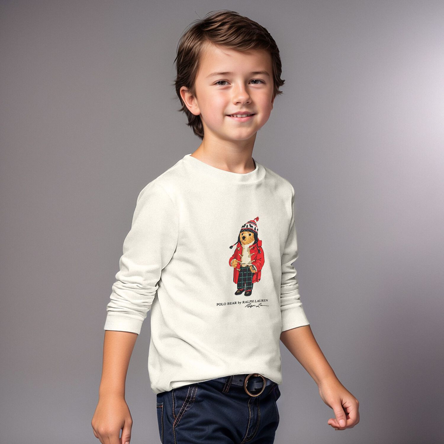 Boys White Polo Bear Long Sleeve Top, 1, hi-res image number null