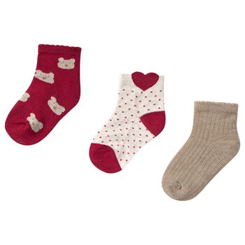 Younger Girls Red, Ivory & Beige Socks ( 3 Pack )