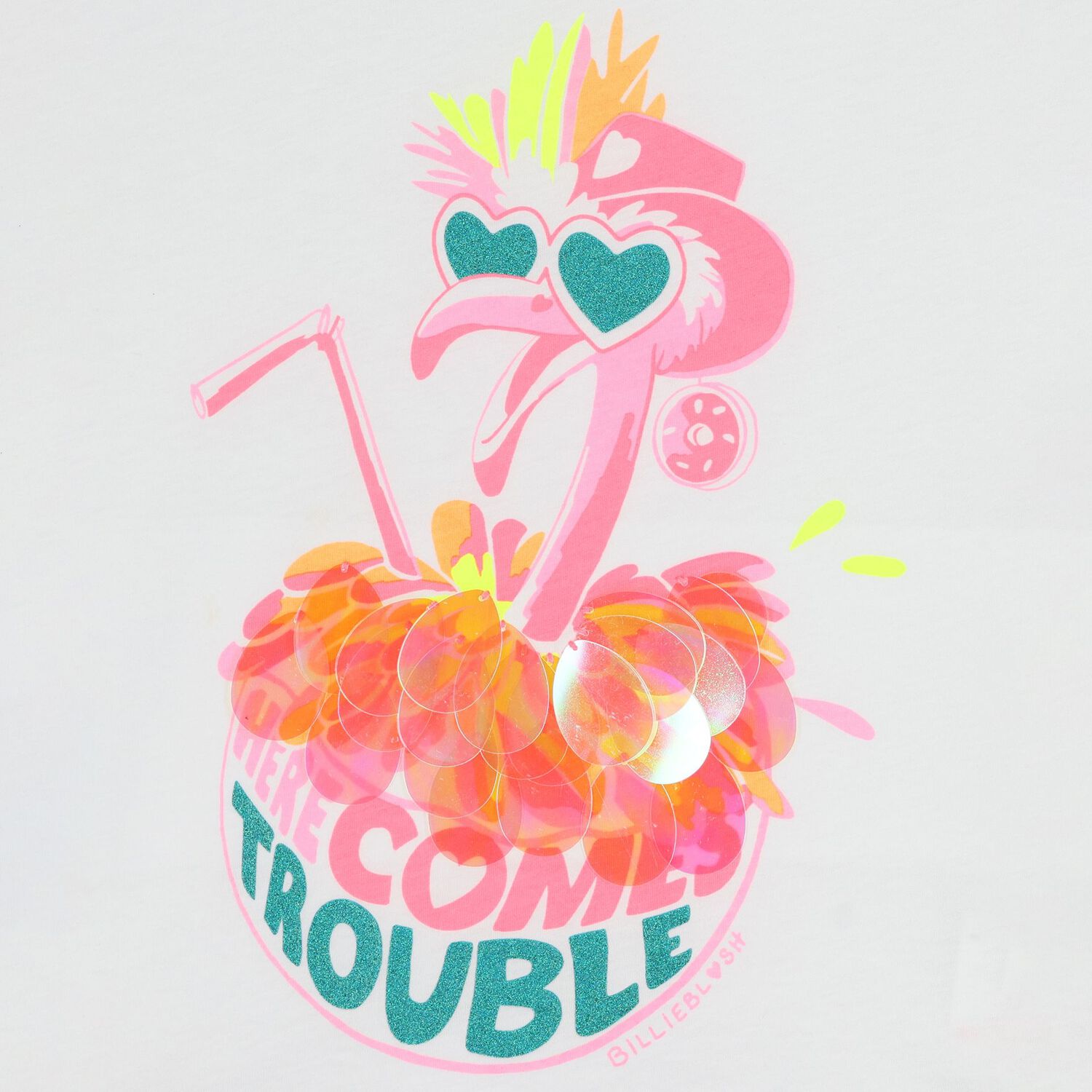 تيشيرت باللون الأبيض للبنات بتصميم فلامنجو, 1, hi-res