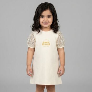 Younger Girls Ivory & Gold Bag Dress