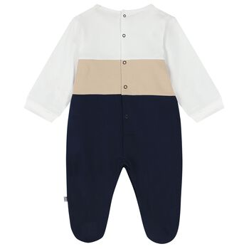 Baby Boys White, Beige & Navy Blue Logo Babygrow