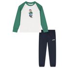 Boys White, Green & Navy Blue Teddy Bear Trouser Set, 1, hi-res