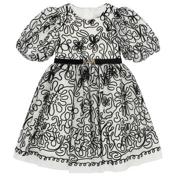 Girls Ivory & Black Ribbon Floral Tulle Dress