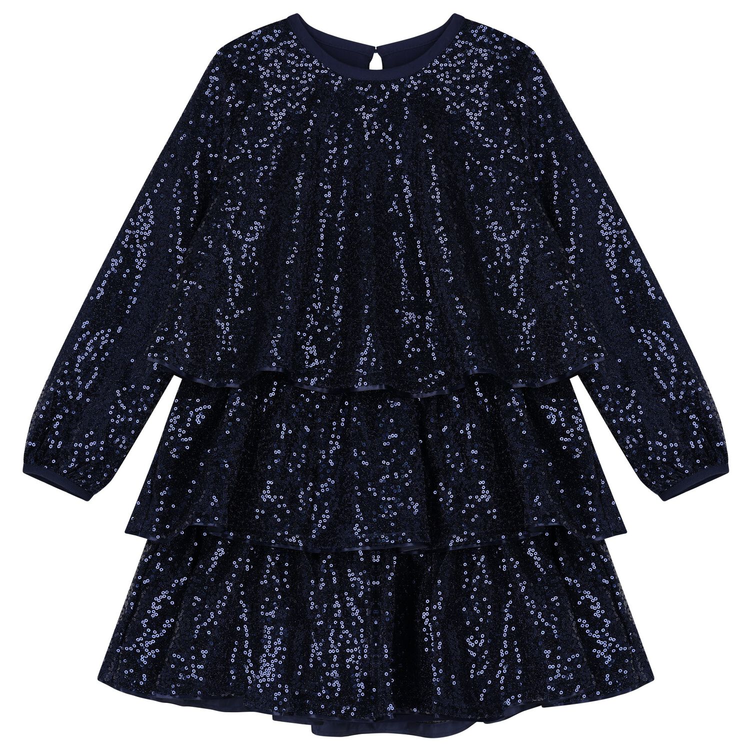 Girls Navy Blue Embellished Sequin Dress, 1, hi-res