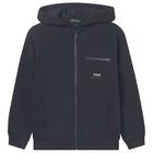 Boys Black Hooded Zip Up Top, 1, hi-res