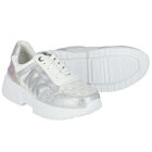 Girls White & Silver Logo Trainers, 1, hi-res