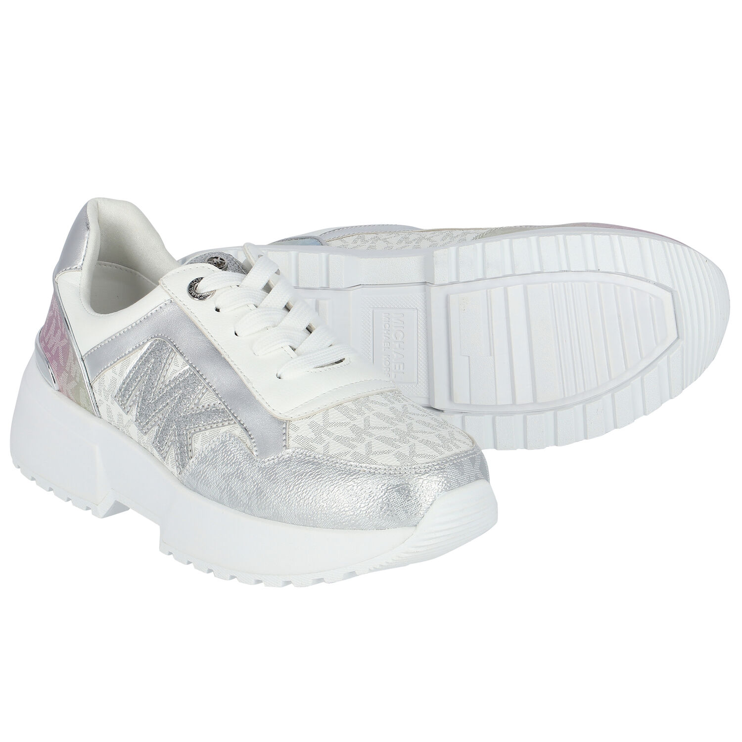 Girls White & Silver Logo Trainers, 1, hi-res