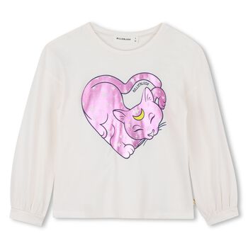 Girls Ivory Cat Long Sleeve Top
