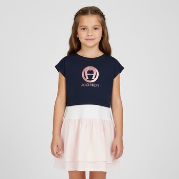 Girls Navy & Pink 2 Piece Dress Set