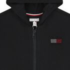 Girls Black Embellished Logo Hooded Zip Up Top, 1, hi-res