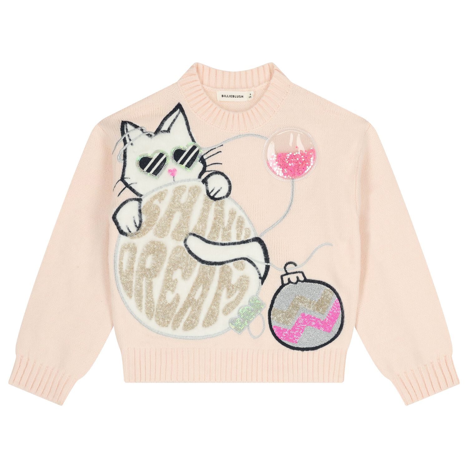 Girls Pink Cat Knitted Sweatshirt, 1, hi-res