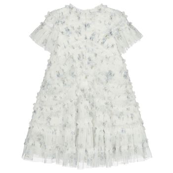 Girls White Floral Ruffled Tulle Dress