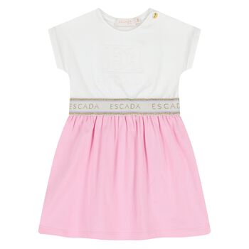 فستان بنات بالشعار باللون الابيض والوردى 