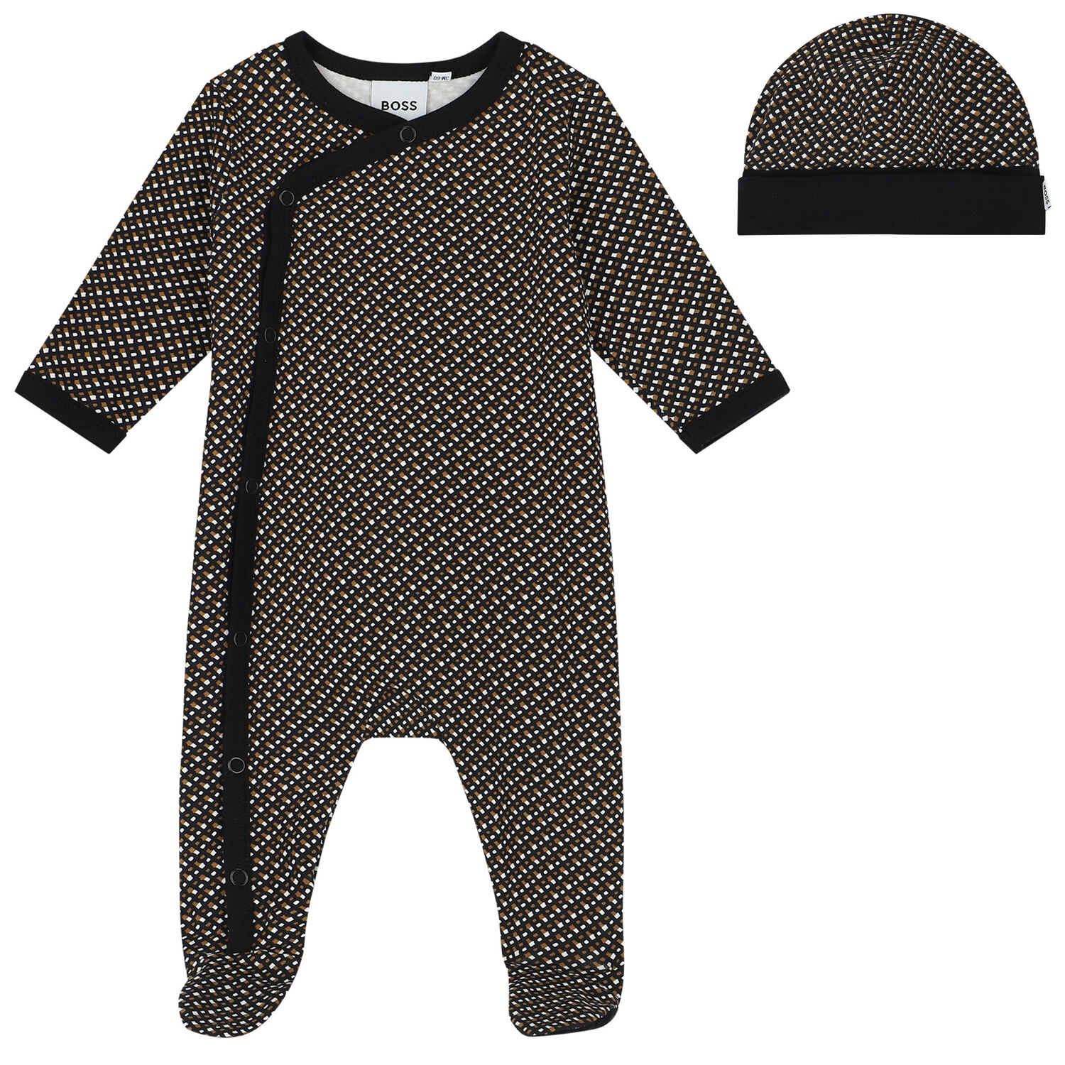 Baby Boys Black, White & Beige Babygrow & Hat Gift Set, 2, hi-res