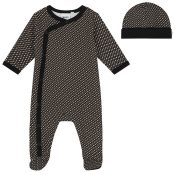 Baby Boys Black, White & Beige Babygrow & Hat Gift Set