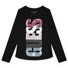 Girls Black Embellished Logo Long Sleeve Top, 3, hi-res