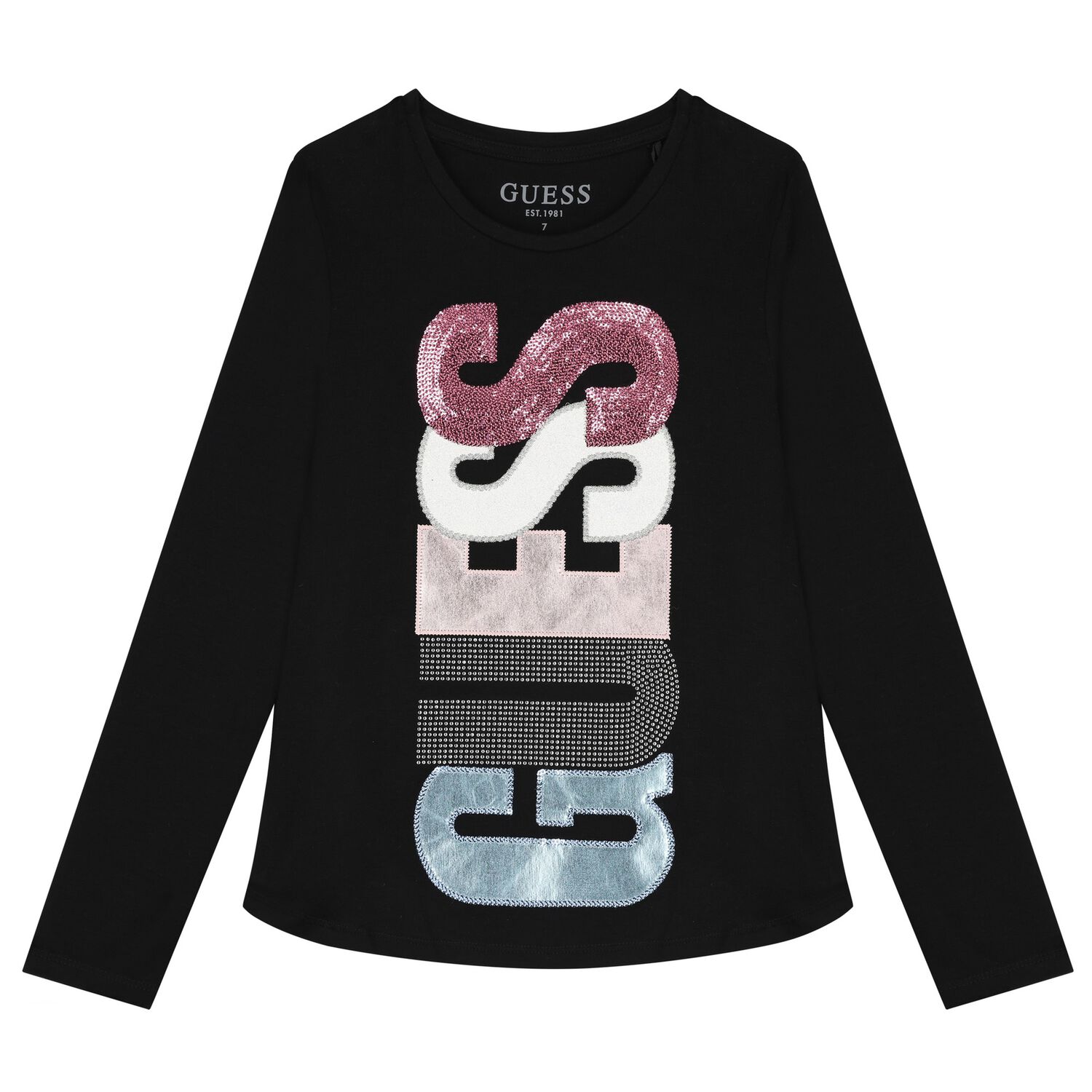 Girls Black Embellished Logo Long Sleeve Top, 3, hi-res image number null