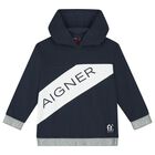 Boys Navy Blue & White Logo Hooded Top, 1, hi-res