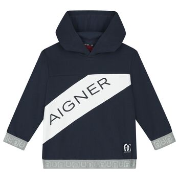 Boys Navy Blue & White Logo Hooded Top