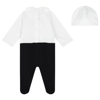 طقم هدايا أفرول بنات بالشعار باللون الأبيض والأسود 