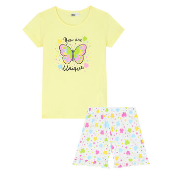 Girls Yellow & White Butterfly Shorts Set