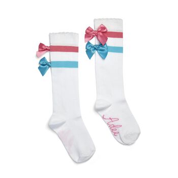Girls White Cotton Socks With Pink & Blue Bows
